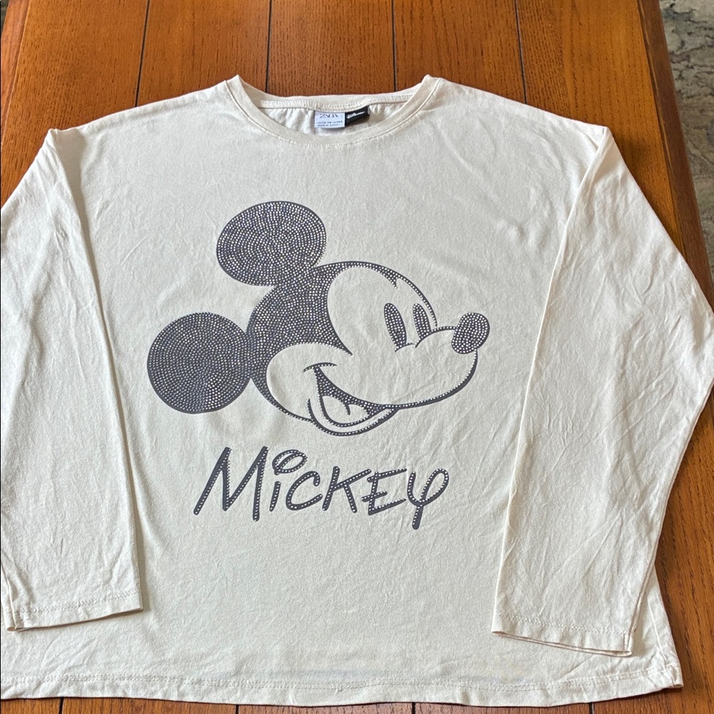 Mickey Mouse Rhinestone Graphic Tee - Black on Light Beige